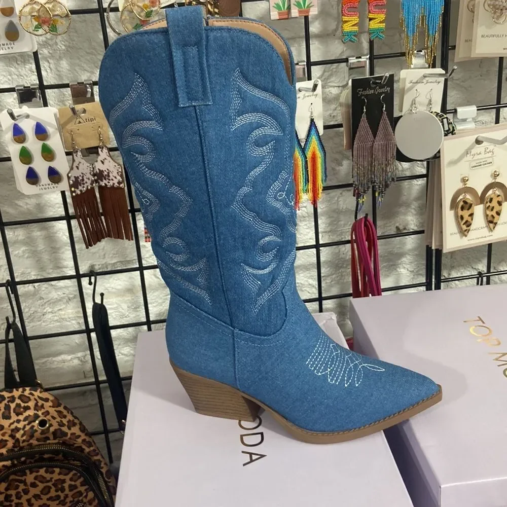 Just arrived blue denim cowboy boots - Picture 1 of 13